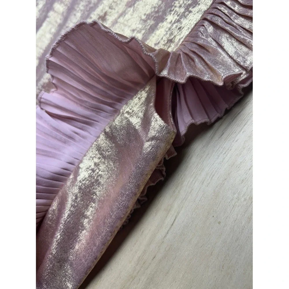 TCEC Rose Gold Metallic Pleated Tiered Ruffle Mini Dress Large - Picture 10 of 12